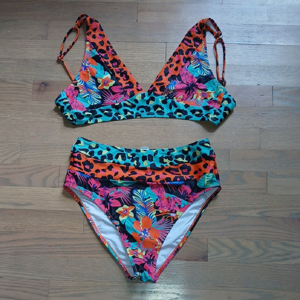 High-waist Floral and Leopard Bikini